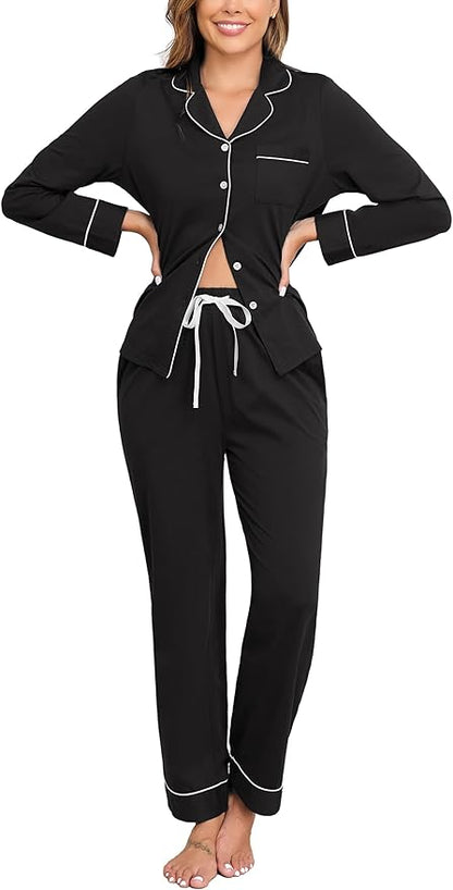 Veseacky 100% Cotton Pajamas for Women Set Long Sleeve Button Down Sleepwear Soft Pjs Lounge Sets with Pockets XS-XXL