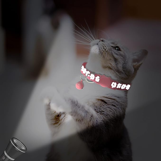 BANMODER 2 Pack Reflective Cat Collar Breakaway with Bell,Personalized Kitten Collars,Adjustable Safety Buckle Collar for Male Cats Girls & Boys (Pink)