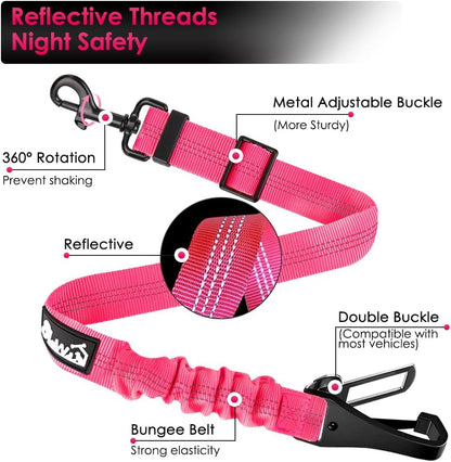 SlowTon 2 Pack Dog Seat Belt, 2 in 1 Attachment, Hook Latch Bar or Seatbelt Buckle with Elastic Nylon Bungee Buffer Adjustable Reflective Nylon Safety Belt Tether Connect to Dog Harness (2pack-FL)