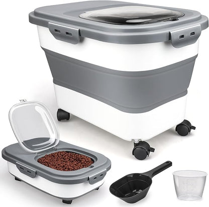 Dog Food Storage Container, 5-20Lbs Collapsible Pet Food Storage Containers with Rolling Wheel Airtight Locking Lid, Dry Food Storage Bin with Cup and Scoop,Suitable for Pet Food, Rice, Flour