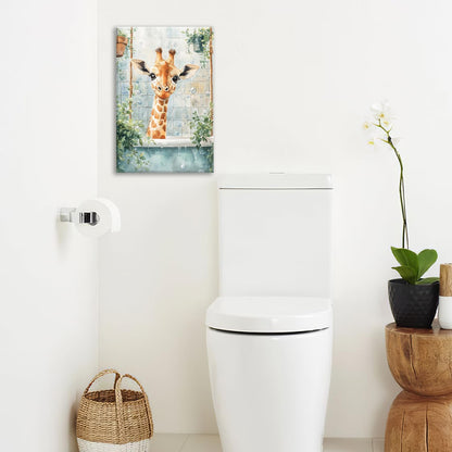 Bathroom Funny Giraffe Pictures Wall Art, Watercolor Giraffe Bathroom Wall Decor, Animal Framed Painting Canvas Artwork for Living Room Decorations 24"L x 16"W
