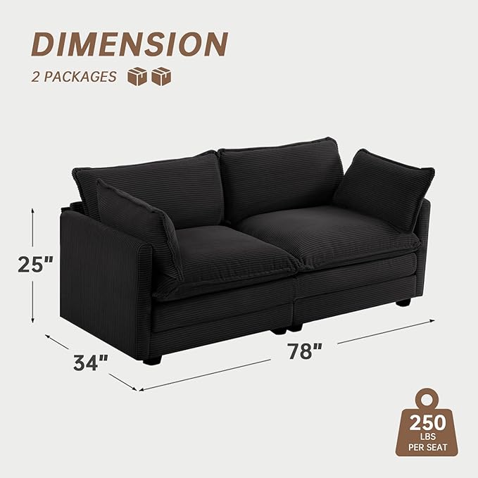 ROWHY Sectional 2 Seat Cloud Loveseat with 2 Throw Pillows, Modern Corduroy Love Seat Sleeper Bed, Convertible Cozy Sofa for Living Room and Office, Black
