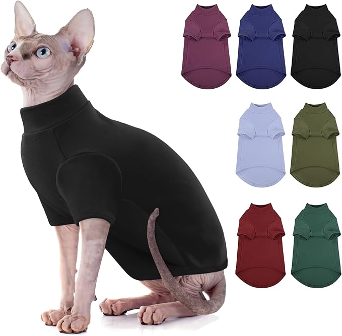 SUNFURA Turtleneck Sweater for Cat, Sphynx Cats Shirt Hairless Cat Sweaters with Sleeves, Warm and Soft Kitten Pullover Fleece Winter Pajamas Jumpsuit for Puppy Cats, Black L