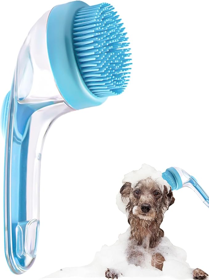 Pet Bath Brush,Dog Shampoo Brush Bubble Maker,New 2 in 1 Dog Bath Brush with Built-in Shampoo Dispenser,Bathing Dog Grooming Massage Brush for Showering Long and Short Haired Dogs and Cats(blue)