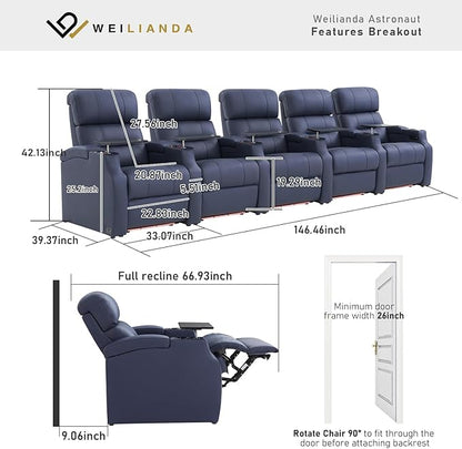 Weilianda Home Theater Seating, Top Grain Leather Sectional Seats Recliner Chair, Zero Gravity Reclining Sofa with Power Headrest 7 Colors Ambient Lighting USB C Charge Row of 5 Blue