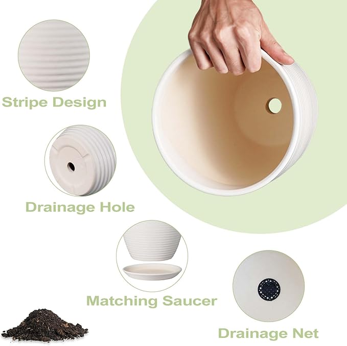 8 Inch Ceramic Planter Pot Round Plant Pot with Drainage Hole and Saucer Modern Flower Pot for Indoor Outdoor Plants White