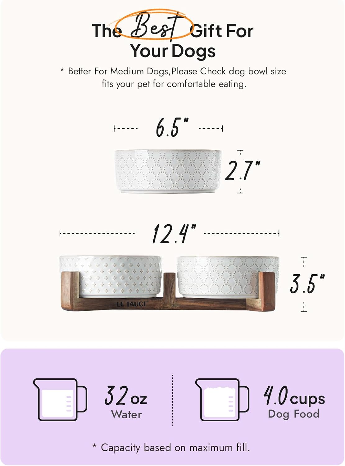 Dog Bowls Ceramic for Small Medium Dogs - 3-Cup Dual Food & Water Bowl Set with Acacia Wood Stand, Non-Slip Anti-Tip Elevated Design