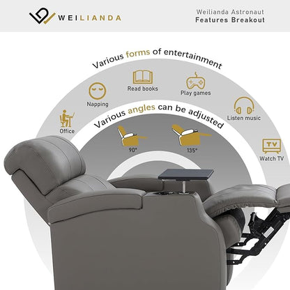 Weilianda Home Theater Seating, Top Grain Leather Sectional Seats Recliner Chair, Zero Gravity Reclining Sofa with Power Headrest 7 Colors Ambient Lighting USB C Charge Row of 2 Grey