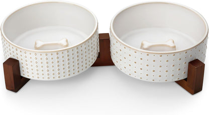 MALACASA Dog Bowl Set with Walnut Wood Stand, 3.5 Cups Ceramic Pet Bowls for Puppy Dogs, Dual Food and Water Bowls with Weighted Non-Slip Base, Basic Bowls for Your Dog or Cat, Rhombic & Polka Dots