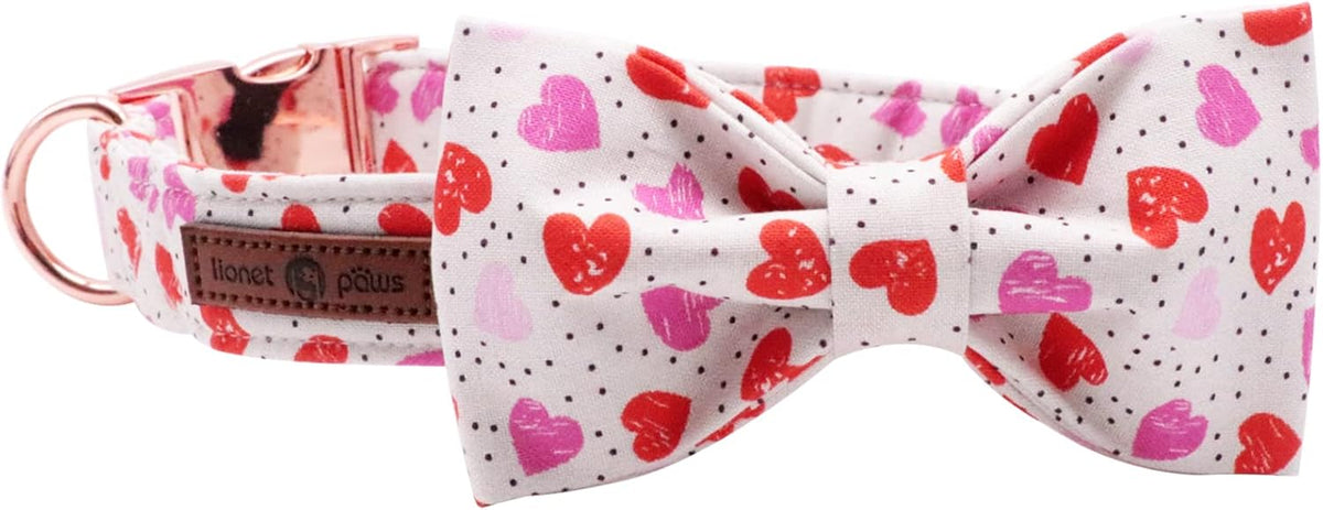 Lionet Paws Valentines Day Dog Collar with Bowtie, Dog Bowtie Collar with Metal Buckle for Dogs, Adjustable Comfortable Dog Collar Girl Boy Gift, M, Neck 13.5-22 in