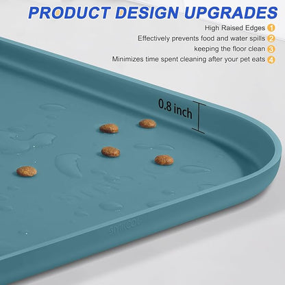 SMILOOL Waterproof Silicone Pet Food Mat with Raised Edge for Dog & Cat | 24" x 16" Non-Slip Pet Feeding Mats with Lip for Food & Water Bowl, Food Grade, Easy Cleaning, Salte Blue