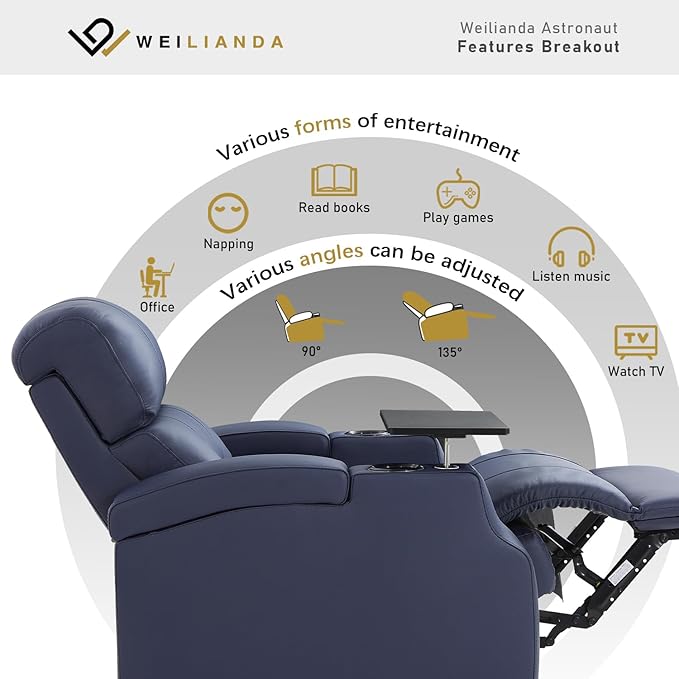 Weilianda Home Theater Seating, Top Grain Leather Sectional Seats Recliner Chair, Zero Gravity Reclining Sofa with Power Headrest 7 Colors Ambient Lighting USB C Charge Row of 3 Loveseat Left Blue
