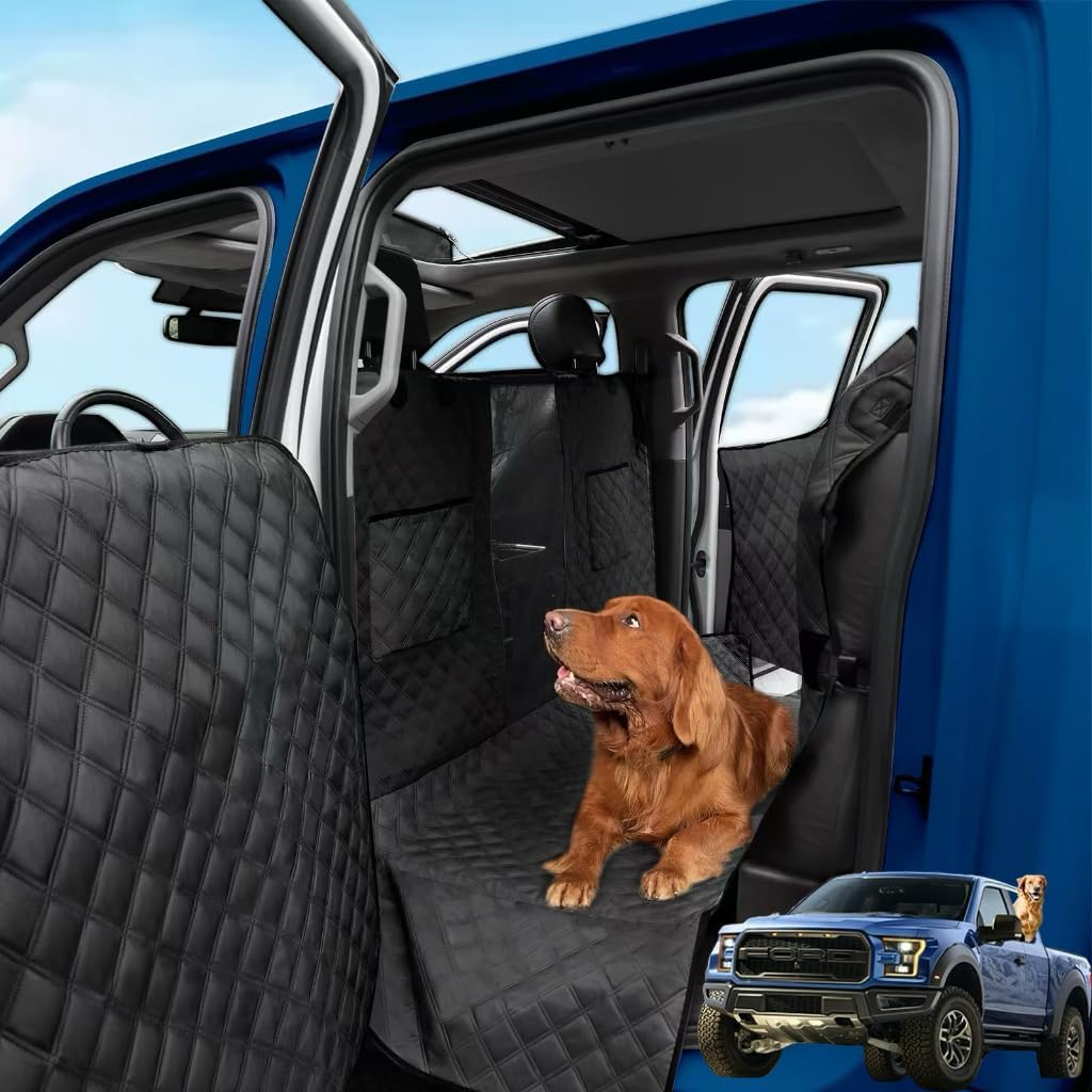 XL Dog Truck Seat Cover with Car Door Protector, for Trucks with Flip Up Rear Seats, Waterproof Full Coverage Dog Seat Cover for Full Size Crew Cab Trucks F150 F250