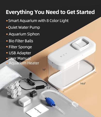 Smart Fish Tank Aquarium 3 Gallon with Heater, Temperature Monitor, 3 Stage Filtration, 8 Color Lighting, Aquarium Siphon, Small Betta Tank Kit, Acrylic