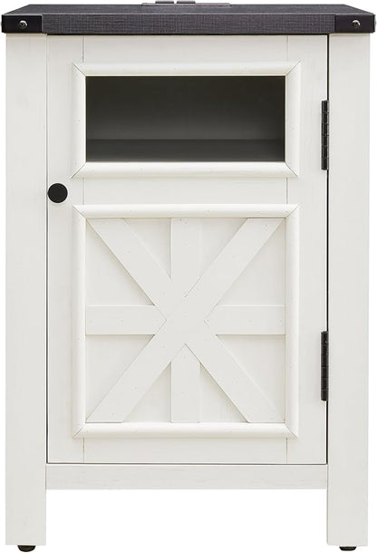 JXQTLINGMU Farmhouse End Table with Charging Station, 18'' Rustic Nightstand with Barn Door & Adjustable Shelf, Wooden Sofa Side Table with 3-Tier Storage for Living Room, Bedroom, White