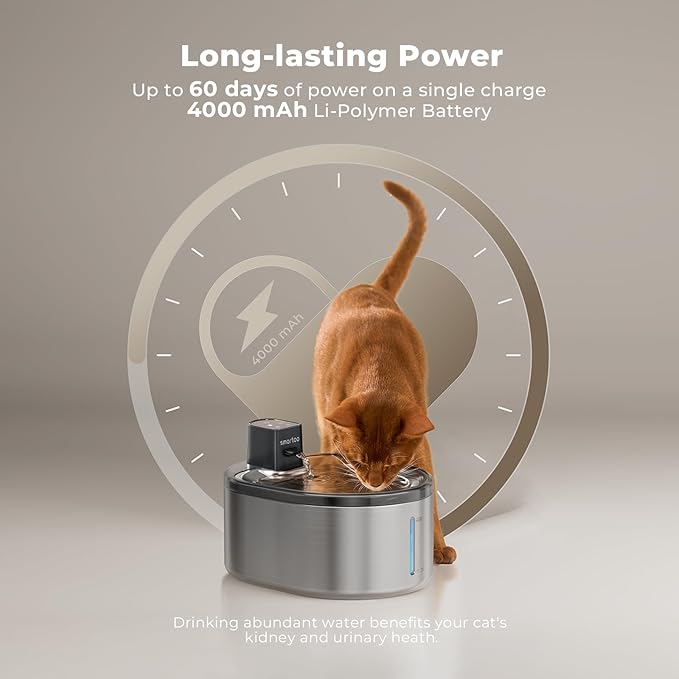 Wireless Cat Water Fountain Stainless Steel, 152oz/4.5L Cat Fountain Battery Operated, Cordless Pet Water Fountain for Cats & Dogs with Motion Sensor, Ultra Quiet Pump, 6 Filters