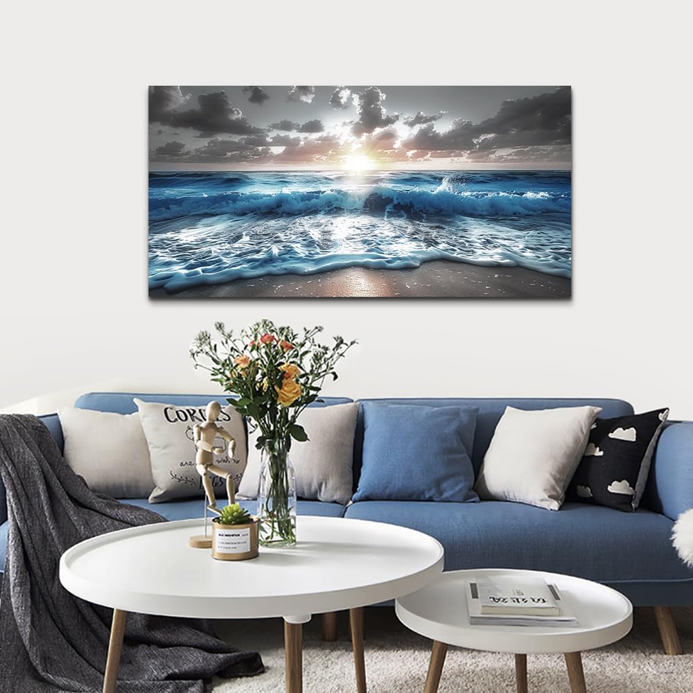 hyidecorart Canvas Wall Decor For Office Large Wall Art For Living Room Blue Beach Painting Sea Waves Sunshine Wall Pictures Bedroom Home Decorations Prints Posters Mural Artwork Ready To Hang