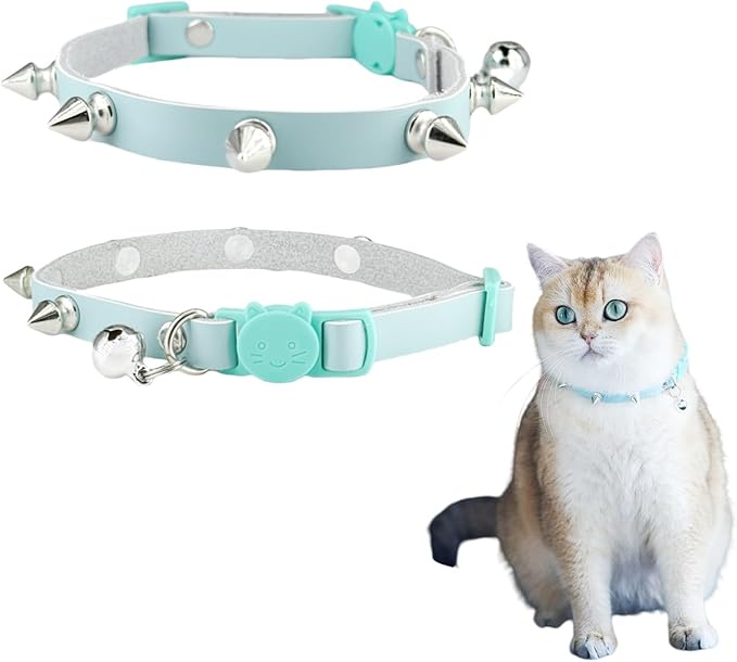 Spiked Cat Collar with Bells, Breakaway Genuine Leather Protective Collar for Kitty, Studs Spikes Punk Style Adjustable for Girl Boy Kittens Small Bunny Rabbit, 10"-12" Blue