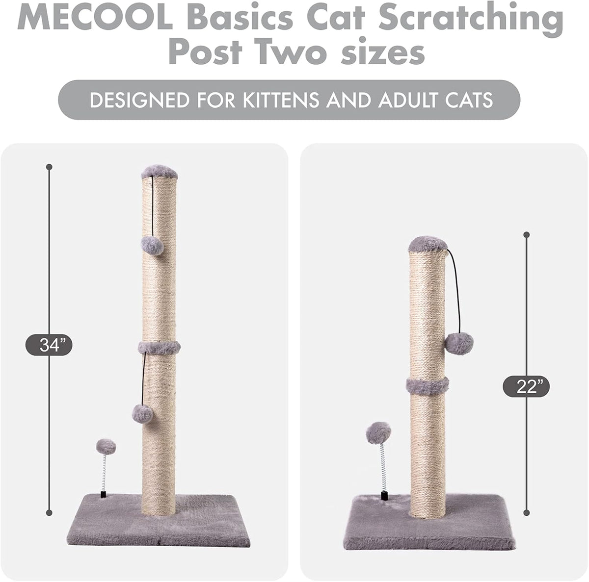 MECOOL 34“ Tall Cat Scratching Post Premium Basics Kitten Scratcher Sisal Scratch Posts Trees with Hanging Ball for Indoor Cats, Gray