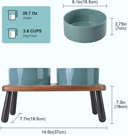 SPUNKYJUNKY Ceramic Elevated Dog Bowls Raised with Acacia Bamboo Wooden Stand, 6.1'' Dog Cat Food Water Bowls Set Non-Slip for Small Medium Sized Breed Microwave Dishwasher Safe - 28.7 OZ,Dark Green