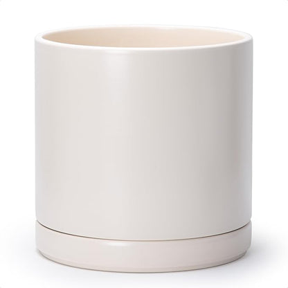 D'vine Dev 12 Inch Ceramic Planter Pot, Oatmeal, 94-O-F-8 | Modern Cylinder Design, Drainage Hole & Saucer Included, Stable Structure, Elegant Home Accent