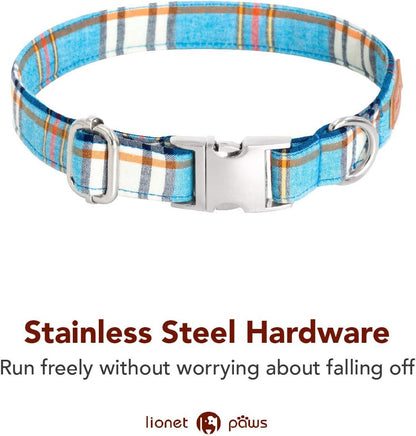 Lionet Paws Boy Dog Collar with Bowtie, Comfortable Adjustable Cute Blue Plaid Bow Tie Collar for Male Dogs Gift, Small, Neck 10-16 inches