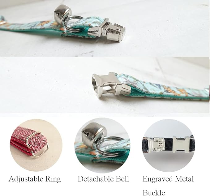 Personalized Cat Collar with Name Plate,Adjustable Tough Nylon Cat ID Collars with Bell,Customize Engraved Pet Name and Phone Number (Flower Style)