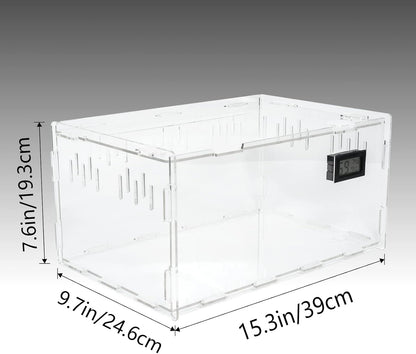 BETAZOOER Reptile Terrarium Breeding Tank Acrylic Reptile Feeding Box with Temperature Hygrometer (15.3"x9.7"x7.6")