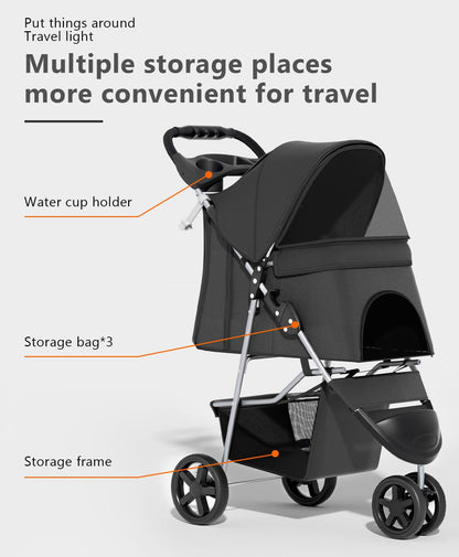 Pet Stroller with 3 Wheels for Small/Medium Pets, Portable Travel Foldable Carrier Jogger for Dog Cat Puppy Kitty, Rear Wheel Breaks, Storage Basket, Visible Mesh with Weather Cover (Black)