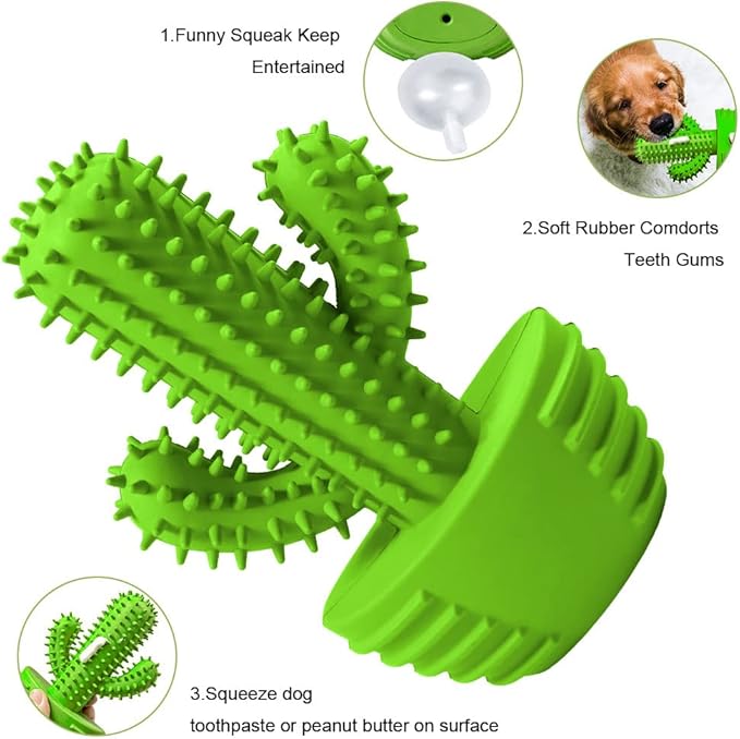 Dog Chew Toys, Toothbrush Stick Teeth Cleaning Brush Dental for Small Medium Large Dog, Rubber Squeaky Toys for Aggressive Chewers Cactus Tough Toys