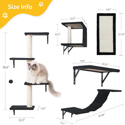 Modern Wall-Mounted Cat Furniture - 5pcs Cat Wall Shelves, Wooden Climber Includes House, Bridge, Tree, Steps, and Scratcher (Black)
