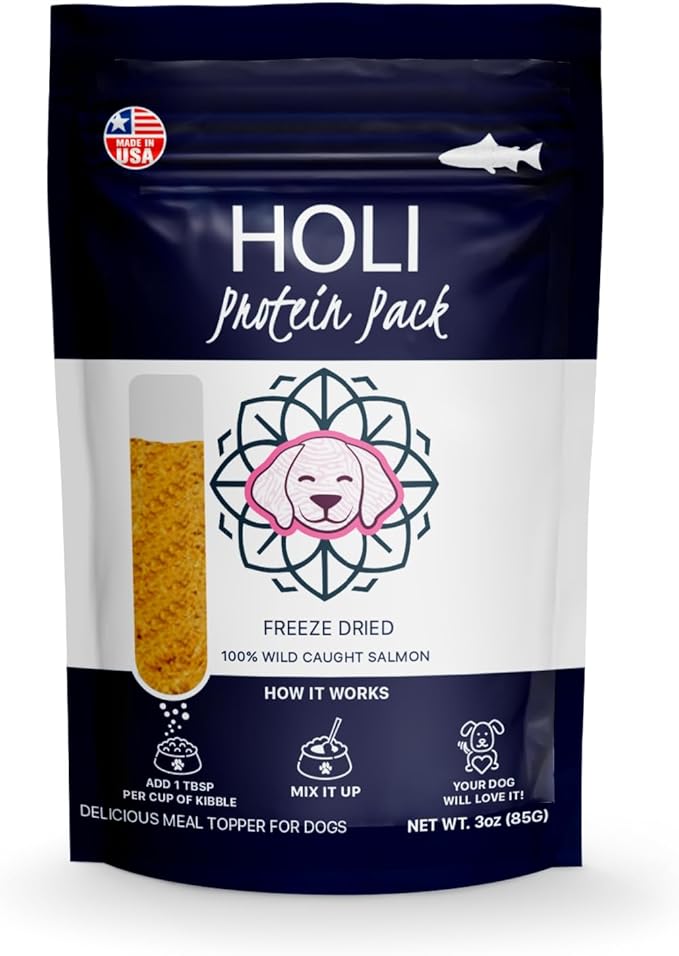 HOLI Freeze Dried Salmon Dog Food Topper - with Omega 3 & 6 - Single Ingredient, Human-Grade Wild Caught Salmon - Dog Food Flavor Enhancer for Picky Dogs – 100% All Natural - 3oz