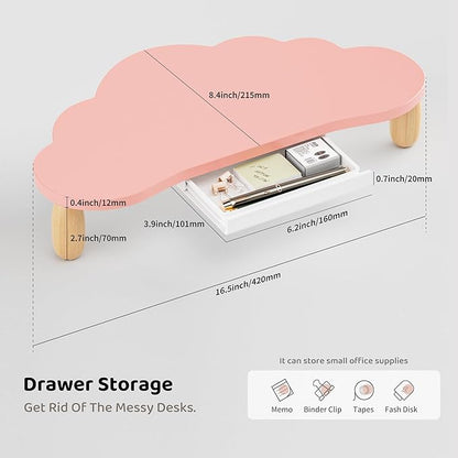 AFOOYO Monitor Stand Riser,Cloud-Shaped Sturdy Wood Computer Monitor Riser Wirh Drawer, Monitor Stand Riser, Multi-Purpose Desktop Organizer Riser for Computer,Laptop,Printer,TV,Pink