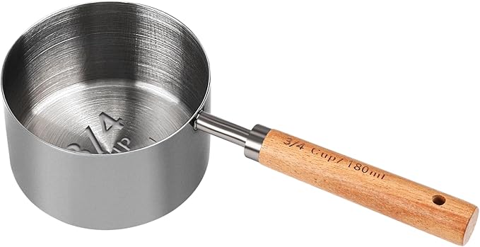 Measuring Cup with Wooden Handle, 3/4 Cup Titanium-plating 180ml Stainless Steel,Dog Food Scoop, Space Gray