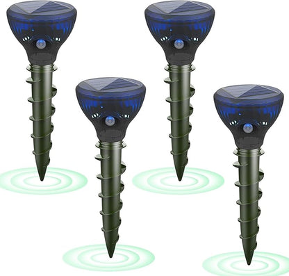 2026 Upgraded Solar Mole & Gopher Repellent 4 Pack, IP65 Waterproof Ultrasonic Vibration Stakes, Snake Skunk Vole Groundhog Deterrent to Protect Yard, Lawn & Garden