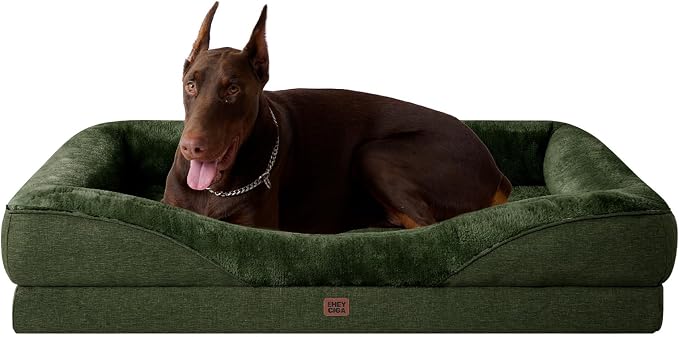 EHEYCIGA Orthopedic Dog Bed for Large Sized Dog, 45x35 Inch Large Memory Foam Dog Couch Bed with Sides, Waterproof Liner & Washable Removable Cover, Bolster Pet Sofa, Dark Green