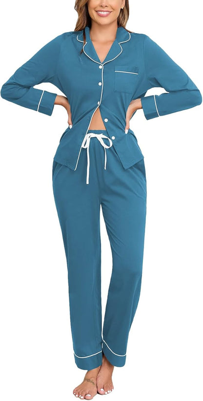 Veseacky 100% Cotton Pajamas for Women Set Long Sleeve Button Down Sleepwear Soft Pjs Lounge Sets with Pockets XS-XXL