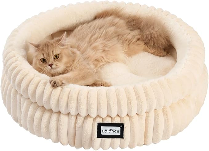 BALANCE Cat Bed Kitten Bed, Washable Round Cat Beds for Indoor Cats,Super Soft Plush Faux Fur Pet Bed for Puppy and Kitten with Anti-Slip Bottom