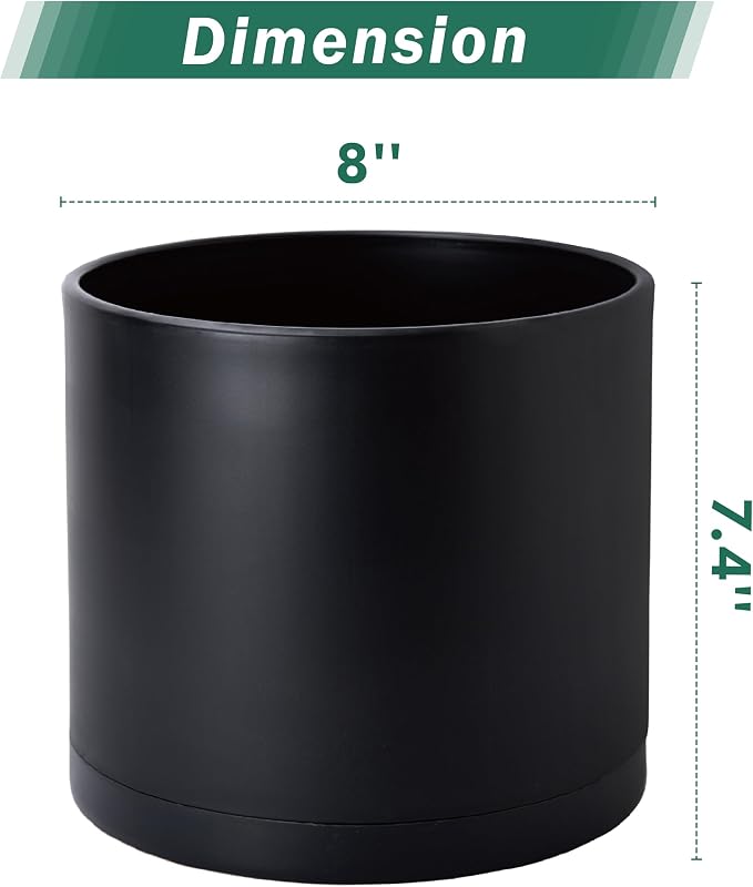 D'vine Dev 2 Pack 8 Inch Modern Plastic Plant Pots, Cylindrical Garden Planters for Plants with Drainage Holes and Saucers, Black, 74-Y-M-1