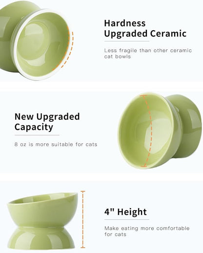 Cat Water Bowl, 16 OZ Ceramic Elevated Cat Bowls, 15° Tilted and Raised Pet Food Dish, Anti Vomiting Protect Pets' Spines and Whisker Fatigue