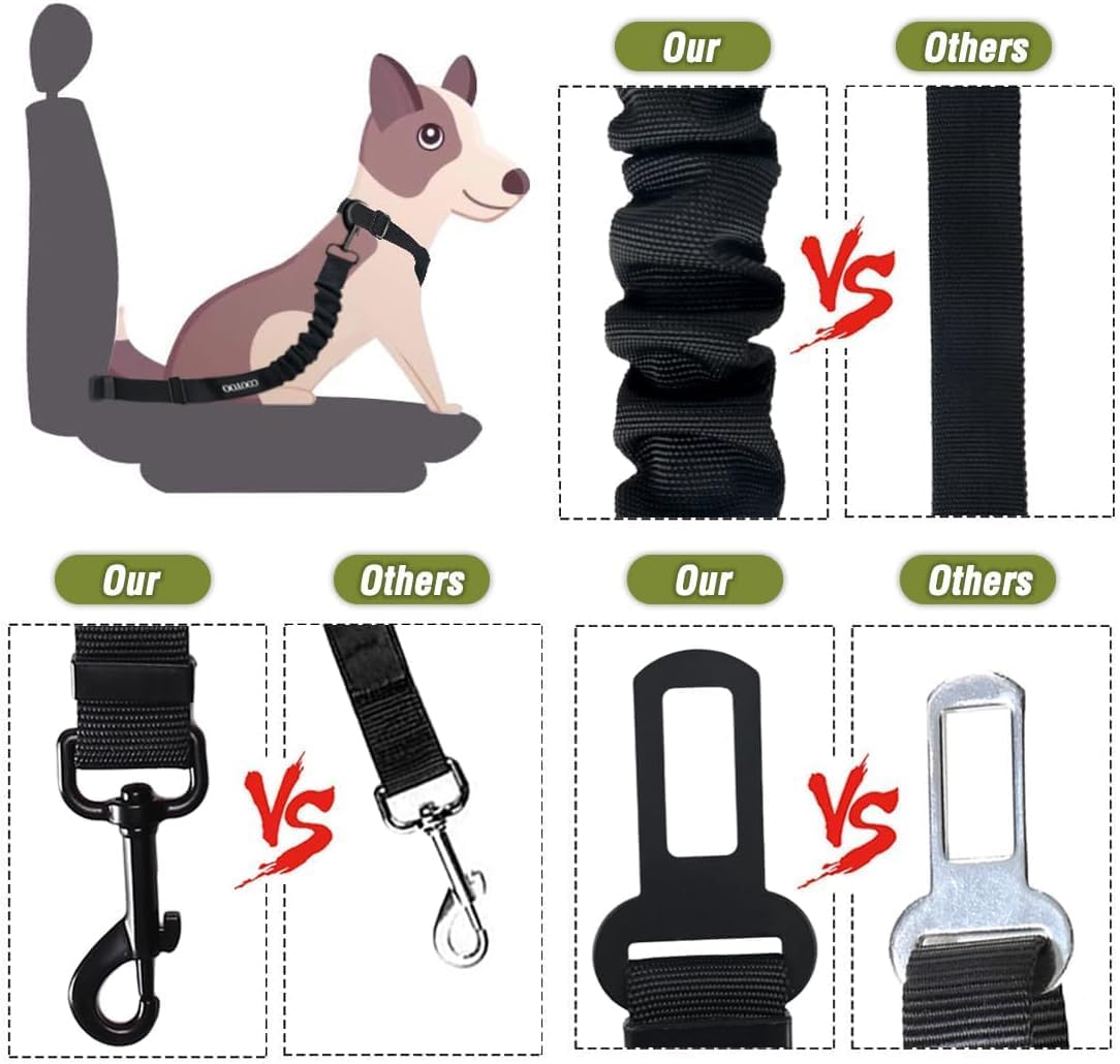 COOYOO Dog Seat Belt,Retractable Dog Car Harness Seat Belt for Car Adjustable Nylon Pet Safety Seat Belts Heavy Duty & Elastic Bungee Buffer