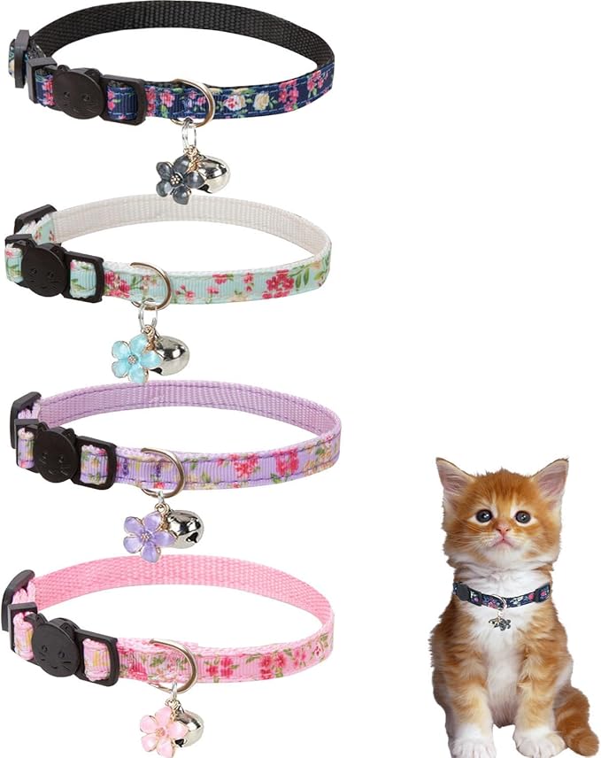 4 Pack Breakaway Cat Collar with Bell,Safety Adjustable Cat Collars Set with Flower Pattern,Ideal for Girl Cats Boy Cats