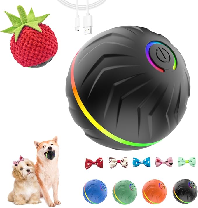 Interactive Dog Toys Dog Ball,Anti Boredom Dog Toys,Durable Motion Activated Automatic Rolling Toys for Small/Medium Dogs,Moving Ball for Dogs to Keep Them Busy,Dog Bows,Fruity Plush Covers(Black)