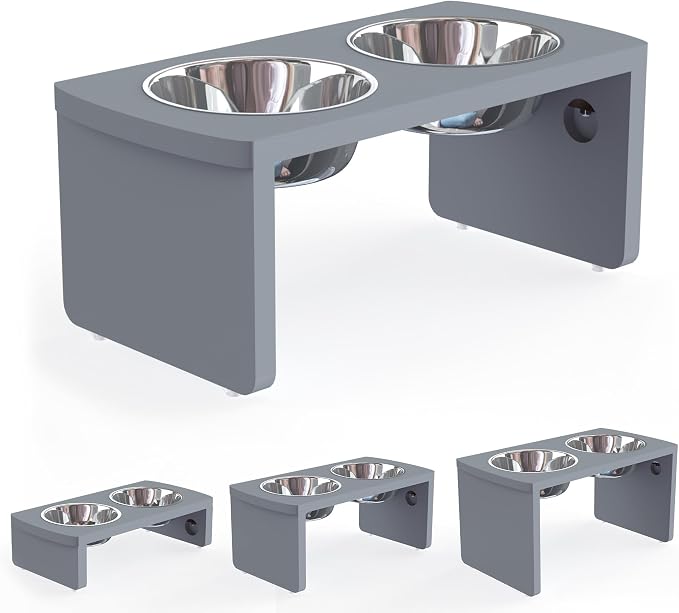 Elevated Dog Bowls, Bamboo Raised Dog Bowl for Medium Dogs, with 2 Stainless Steel Bowls (7'' Tall-40 oz Bowl, Grey)