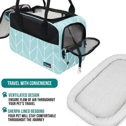 PetAmi Dog Purse Carrier for Small Dogs, Airline Approved Soft Sided Pet Carrier with Pockets, Ventilated Dog Carrying Bag for Puppy Cat, Dog Travel Supplies Bag, Sherpa Bed, Max 12 lbs, Chevron Teal