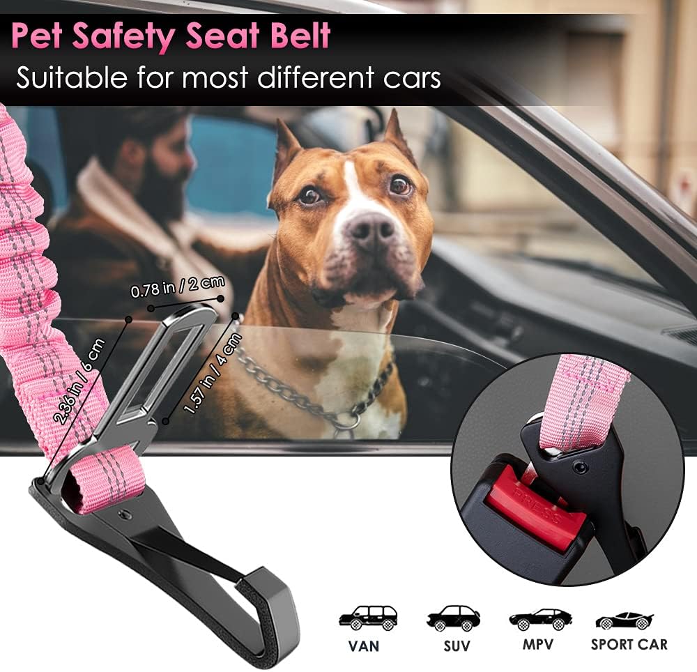SlowTon Dog Seat Belt, Adjustable Dog Safety Belt Leash, 2 in 1 Latch Bar Attachment Dog Car Seatbelt with Elastic Nylon Bungee Buffer, Reflective Nylon Belt Tether Connect to Dog Harness (Pink)