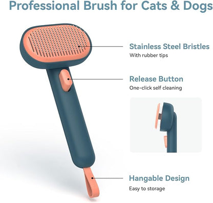 Aumuca Dog Brush for Shedding, Self Cleaning Cat Grooming Brush with Release Button, Cat Hair Brush to Remove Loose Fur, Tangles & Dirt, Great for Long and Short Haired Cats, Green