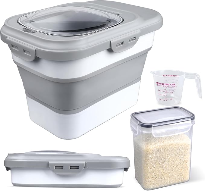 Rice Storage Container, Collapsible Airtight Food Storage Containers 6-20 Lbs, Rice Dispenser with Measuring Cup and Small Bin for Flour Cereal Pasta Grain, Cat Pet Dog Bird Food Container