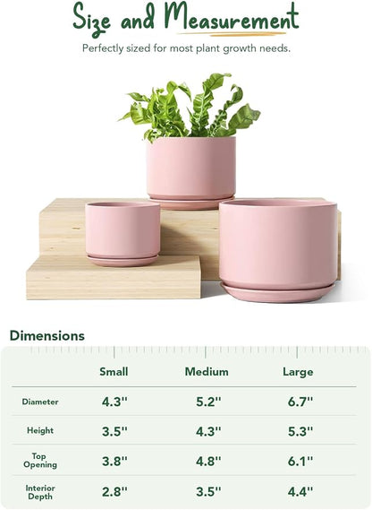LE TAUCI Ceramic Plant Pots, 4.3+5.3+6.8 inch, Set of 3, Planters with Drainage Hole and Saucer, Indoor Flower Pot with Hole Mesh Pad, Gifts for Mom, Pink