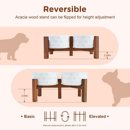 SPUNKYJUNKY Ceramic Dog Bowls Dog Bowl Set with Acacia Wood Stand Raised Dog Bowl Dog Food and Water Bowl for Small Medium Sized Dog (Deep, 15.5cm)